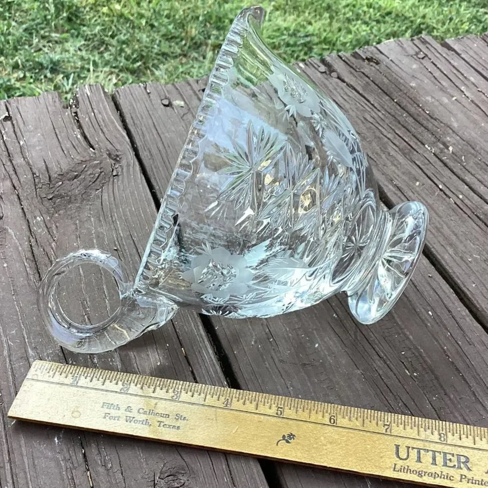 Vintage Crystal Glass Pitcher Creamer Etched‎ Floral Footed Handle HEAVY